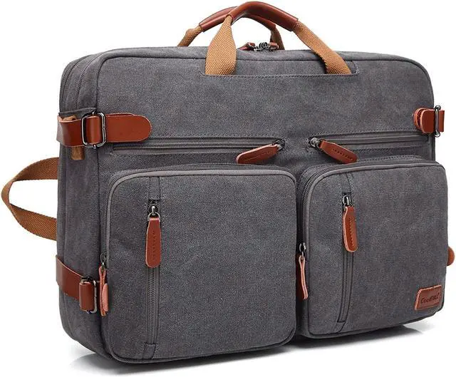 Alt view image 3 of 7 - Jansicotek CB-10001 17.3 Inch Anti-Theft Convertible Laptop Backpack Briefcase, Canvas School Rucksack Water-Resistant Backpack Fits 17.3 Inch Laptop for Men/Women, Canvas Gray