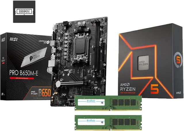 Main image of Avarum 16GB DDR5 5200 (PC5 41600) PRO B650M-E AM5 Ryzen 7000 DDR5 SATA 6G M.2 LAN Audio mATX Motherboard Ryzen 5 7600 - Ryzen 5 7000 Series 6-Core 3.8 GHz Socket AM5 65W AMD Radeon Graphics Processor