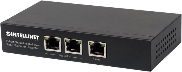 Main image of Intellinet 2-Port Gigabit High-Power PoE+ Extender Repeater, IEEE 802.3at/af Compliant Range Extender, 100 m (328 ft.) Additional Range, 2 PSE Ports, Metal