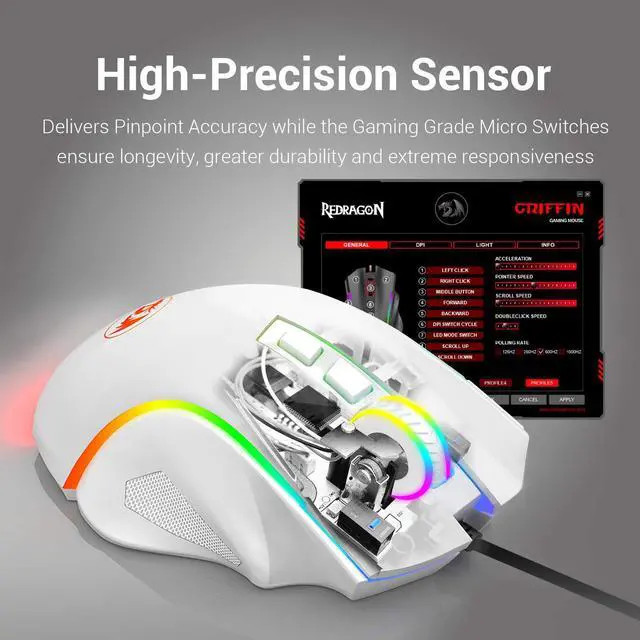 Alt view image 3 of 7 - White Wired Gaming Mouse, Redragon RGB Wired Gaming Mouse RGB Spectrum Backlit Ergonomic Mouse Griffin Programmable with 7 Backlight Modes up to 7200 DPI for Windows PC Gamers