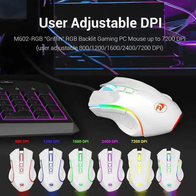 Alt view image 6 of 7 - White Wired Gaming Mouse, Redragon RGB Wired Gaming Mouse RGB Spectrum Backlit Ergonomic Mouse Griffin Programmable with 7 Backlight Modes up to 7200 DPI for Windows PC Gamers