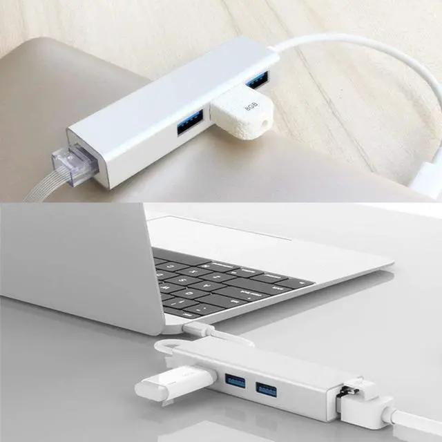 Alt view image 2 of 7 - USB HUB with Gigabit Ethernet Port, 3-Port USB 3.0 Aluminum Portable Data Hub with Gigabit Ethernet Port Network Adapter 5Gbps Speed, 10/100/1000 Mbps Ethernet Port for Mac, PC, USB Flash Drives