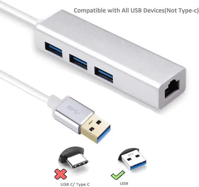 Alt view image 4 of 7 - USB HUB with Gigabit Ethernet Port, 3-Port USB 3.0 Aluminum Portable Data Hub with Gigabit Ethernet Port Network Adapter 5Gbps Speed, 10/100/1000 Mbps Ethernet Port for Mac, PC, USB Flash Drives
