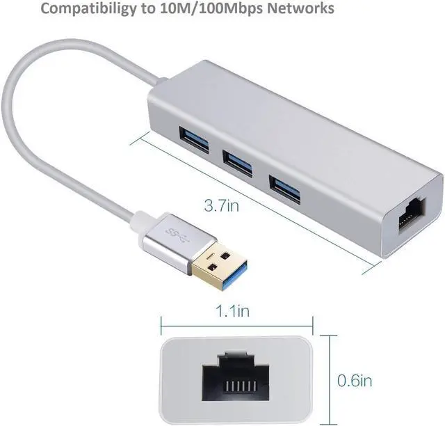 Alt view image 7 of 7 - USB HUB with Gigabit Ethernet Port, 3-Port USB 3.0 Aluminum Portable Data Hub with Gigabit Ethernet Port Network Adapter 5Gbps Speed, 10/100/1000 Mbps Ethernet Port for Mac, PC, USB Flash Drives