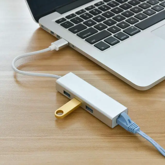 Alt view image 6 of 7 - USB HUB with Gigabit Ethernet Port, 3-Port USB 3.0 Aluminum Portable Data Hub with Gigabit Ethernet Port Network Adapter 5Gbps Speed, 10/100/1000 Mbps Ethernet Port for Mac, PC, USB Flash Drives