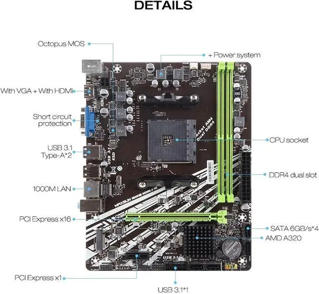 Alt view image 5 of 6 - Motherboard Fit  forMAXSUN Motherboard AM4 A320M-VH M.2 Challenger  forAMD Ddr4 Memory Slots Rams PCI-E Slot Ssd HDMI+VGA Desktop Motherboard Memory Motherboard