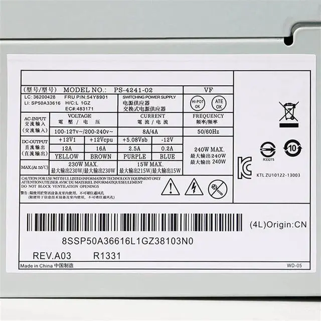 Alt view image 6 of 6 - For M73 M82 M83 M92 M93 240W Power Supply 54Y8901 54Y8849 54Y8897 54Y8874 54Y8875 54Y8858 54Y8921 HK340-72FP HK280-71FP
