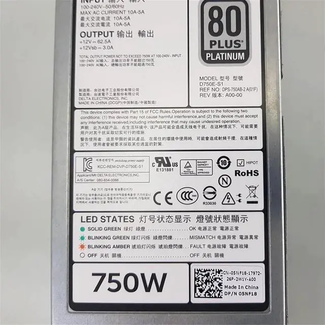 Alt view image 6 of 6 - For R520 R620 R720 T620 T420 750W Power Supply F750E-S0 E750E-S0 D750E-S3 05NF18 06W2PW 079RDR 09PXCV 0YNCW3
