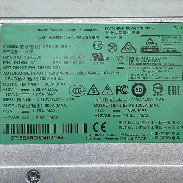Alt view image 2 of 6 - HSTNS-PD30 for DL580 Gen8 G8 1200W Power Supply 643956-101 643933-001 660185-001 656364-B21 DPS-1200SB A
