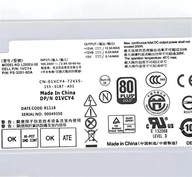 Alt view image 3 of 6 - 200W For 780 790 990 7010 9010 Power Supply L200EU-00 F200EU-00 L180EU-00 L200EU-01 1VCY4 C0G5T 6YWW7 01VCY4