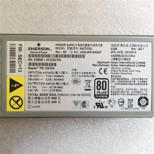 Alt view image 3 of 5 - AA27020L 7047410 7079395 7060951 600W Server Power Supply for Sun X3-2 Sun Fire X4170M3 Server