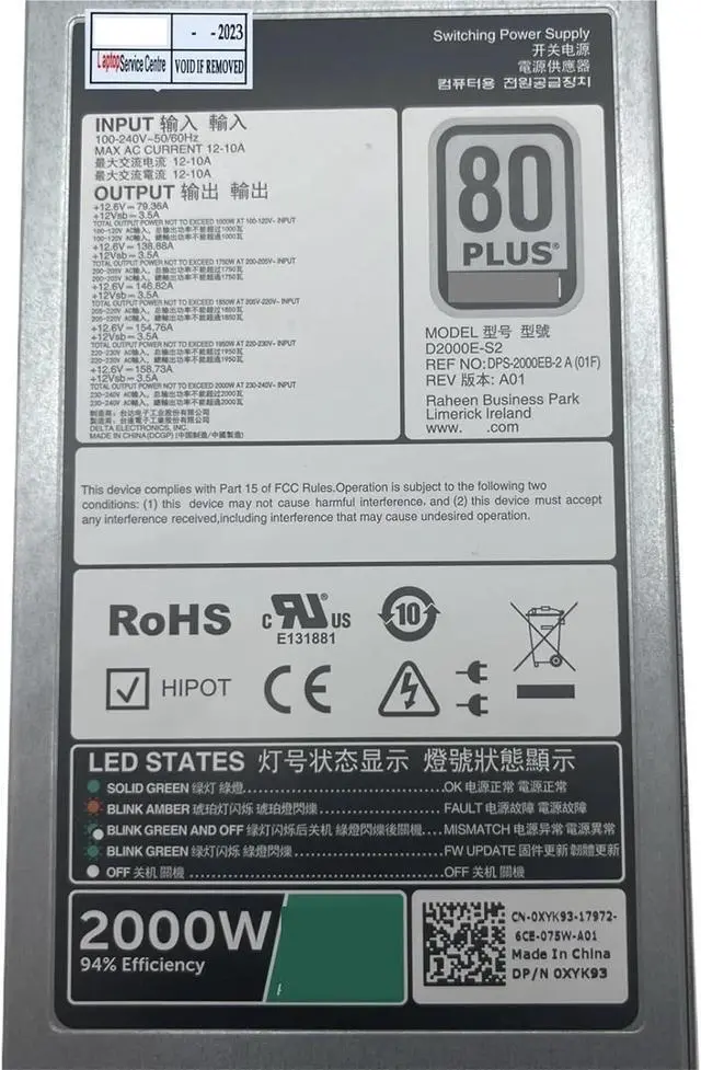 Alt view image 2 of 2 - for R530 R630 R730 R830 R840 R940 2000W Server Power Supply XYK93 960VR DPS-2000EB-2 A D2000E-S2