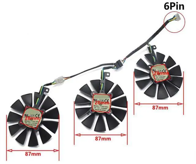 Alt view image 4 of 6 - Graphics Card Cooling Fans Replacement forASUS ROG Strix GTX 1060 1070 1070Ti 1080 1080Ti RX VEGA56 VEGA64 480 580 FURY390 390X Series T129215SU/SM 87mm 12V 0.5A 6Pin GPU Fan (Fan-A)