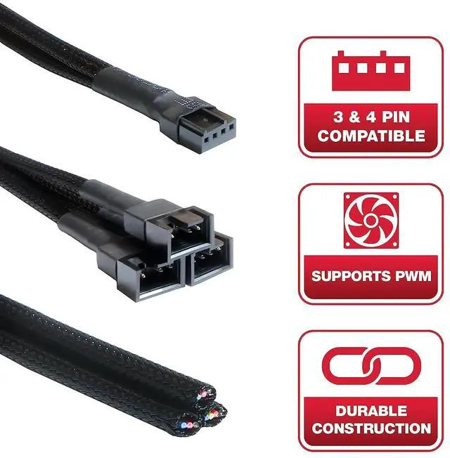 Alt view image 2 of 6 - 4-pin 1 to 3 Way PWM Fan Splitter Cable Cooled 1 to 3 Way Tap Sleeve Extension Braided Cable Extension Fan Connector