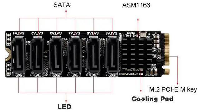 Alt view image 4 of 6 - M.2 M KEY NVME to SATA Convert Card 6 Ports SATA 3.0 Extend Adapter PCIE 3.0 X2 Hard Disk Capacity Expand Adapter