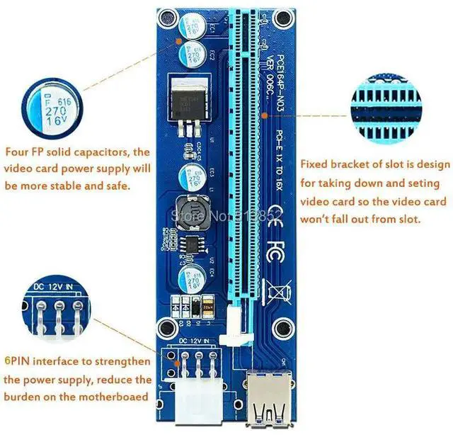 Alt view image 4 of 6 - 006C PCIe Riser Card 1x to 16x USB 3.0 Data Cable SATA 6Pin IDE Molex Power Supply for BTC Miner Machine PC PCI-E Express Card