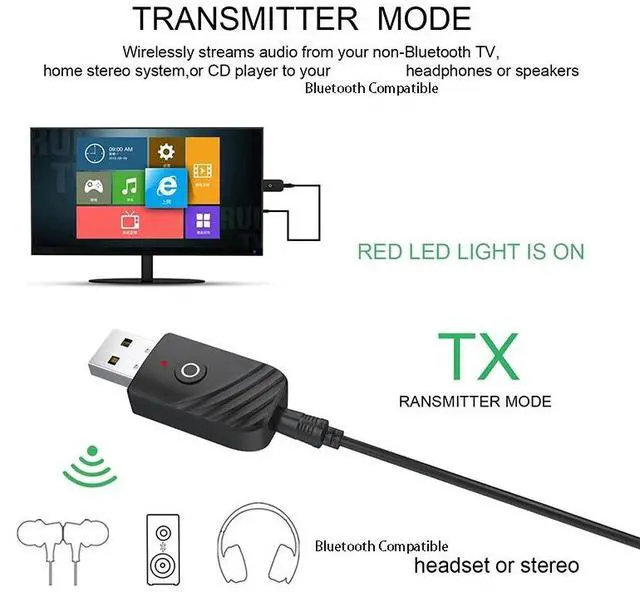 Alt view image 6 of 6 - Bluetooth-compatible Dongle 3 in 1 BT5.0 USB Adapter Stereo Audio Transmitter Receiver for TV Computer Car Earphone Headset