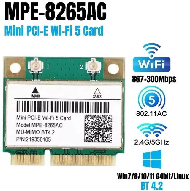 Main image of WiFi 5 MPE-8265AC 8265HMW 8265AC 867Mbps+300Mbps Dual Band 2.4G/5Ghz Bluetooth 4.2 802.11ac 2x2 Mini PCI-E Wireless Network Card