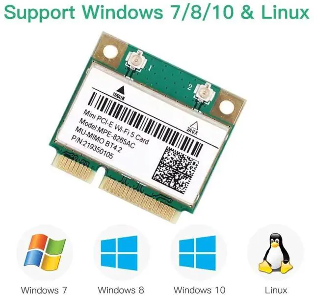 Alt view image 2 of 6 - WiFi 5 MPE-8265AC 8265HMW 8265AC 867Mbps+300Mbps Dual Band 2.4G/5Ghz Bluetooth 4.2 802.11ac 2x2 Mini PCI-E Wireless Network Card