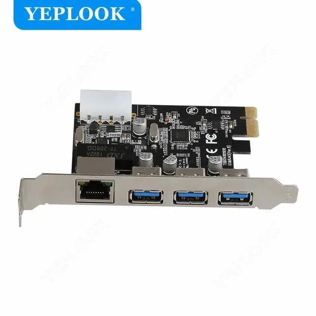 Alt view image 3 of 6 - PCIe 1x to 3 Ports USB3.0 + RJ45 1000Mbps LAN Gigabit Ethernet Network Card with 4Pin Power Supply Connector for Desktop PC
