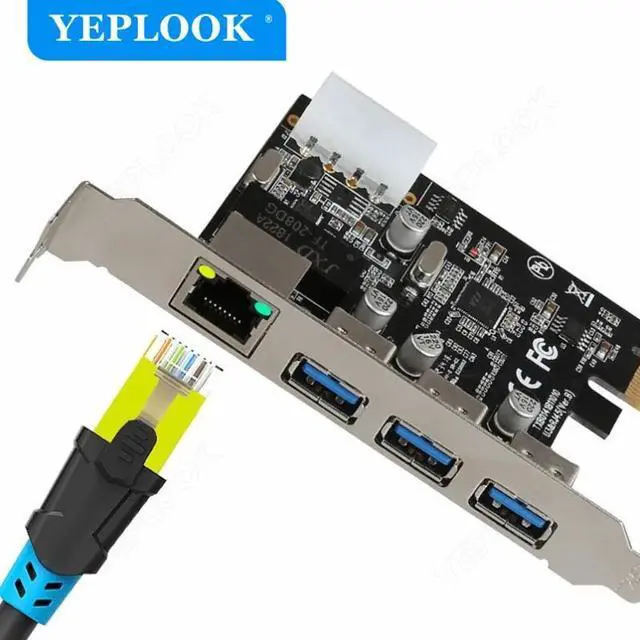 Alt view image 2 of 6 - PCIe 1x to 3 Ports USB3.0 + RJ45 1000Mbps LAN Gigabit Ethernet Network Card with 4Pin Power Supply Connector for Desktop PC