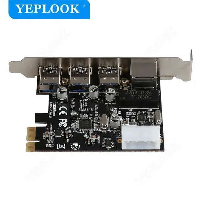 Alt view image 4 of 6 - PCIe 1x to 3 Ports USB3.0 + RJ45 1000Mbps LAN Gigabit Ethernet Network Card with 4Pin Power Supply Connector for Desktop PC