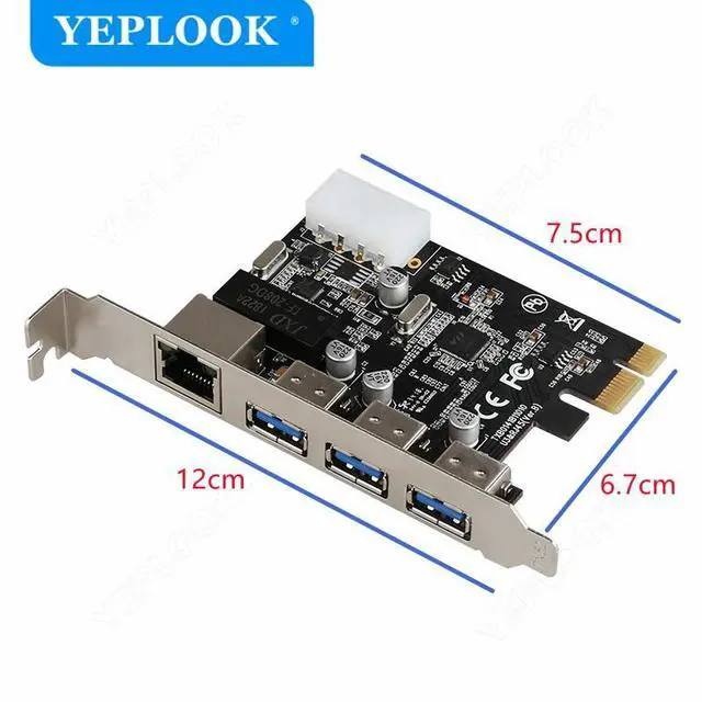 Alt view image 6 of 6 - PCIe 1x to 3 Ports USB3.0 + RJ45 1000Mbps LAN Gigabit Ethernet Network Card with 4Pin Power Supply Connector for Desktop PC