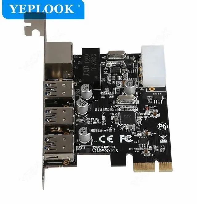 Alt view image 5 of 6 - PCIe 1x to 3 Ports USB3.0 + RJ45 1000Mbps LAN Gigabit Ethernet Network Card with 4Pin Power Supply Connector for Desktop PC