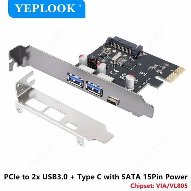 Main image of PCI-e 1x to 2x USB3.0 & Type C with SATA 15Pin Expansion Card USB 3.0 Type A+USB 3.1 Riser Card USB3.0 HUB Adapter VL806 Chipset