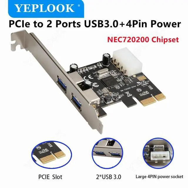 Main image of PCIe 1x to 2 Port USB3.0 + IDE 4Pin Power Port, High Speed 5Gbps PCI Express Expansion Card Riser Card Adapter NEC720200 Chipset