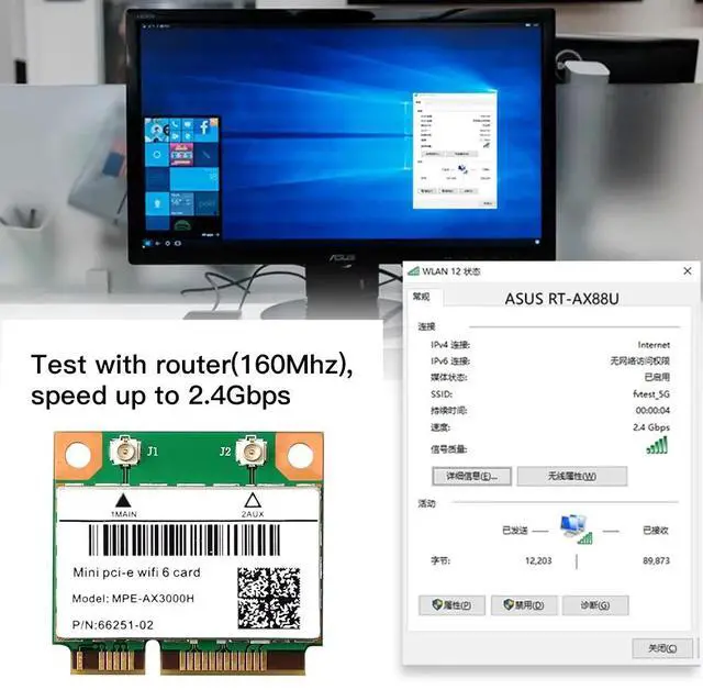 Alt view image 2 of 6 - WiFi 6 MPE-AX3000H Built-in AX200HMW Mini PCIe Network Card 2x 2400Mbps + 574Mbps Tri-Band 2.4G/5G/6GHz Bluetooth BT5.2 MU-MIMO