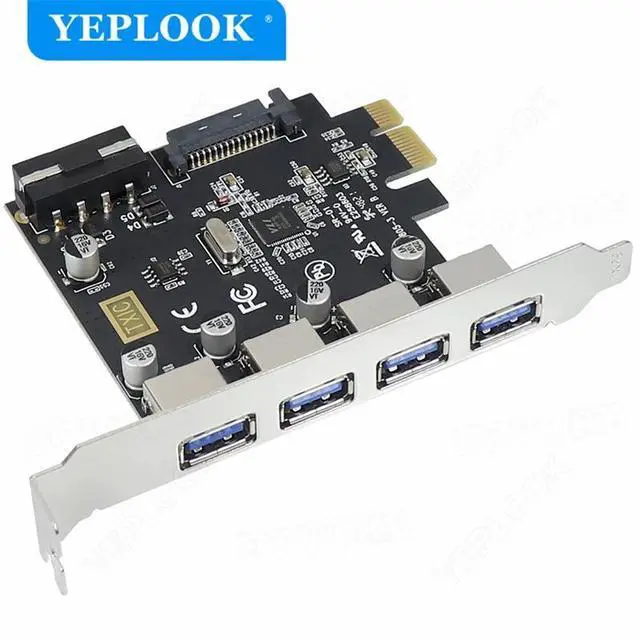 Alt view image 4 of 6 - PCIe to 4 Port USB3.0 Expansion Card with 19Pin+SATA Dual Power Connector PCIe X1 Adapter Riser Converter USB 3.0 HUB VL805 Chip