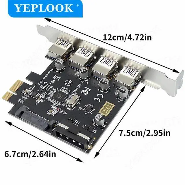 Alt view image 6 of 6 - PCIe to 4 Port USB3.0 Expansion Card with 19Pin+SATA Dual Power Connector PCIe X1 Adapter Riser Converter USB 3.0 HUB VL805 Chip