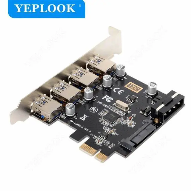 Alt view image 2 of 6 - PCIe to 4 Port USB3.0 Expansion Card with 19Pin+SATA Dual Power Connector PCIe X1 Adapter Riser Converter USB 3.0 HUB VL805 Chip