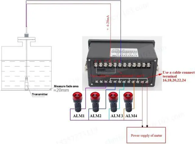 Alt view image 6 of 6 - 4-20mA DC Input Water Liquid Level Pressure Controller with 4 Ways Relay and DC24V Voltage Output Water Liquid Level Meter(48x96mm)