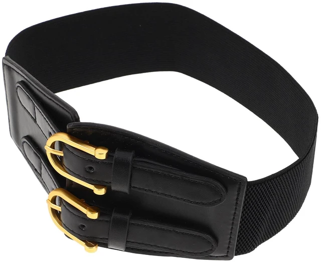 Main image of Women's Vintage Double Buckle Wide Waist Belt Elastic Stretch Corset for Dresses Black Fashion Waistband for Casual and Party Wear