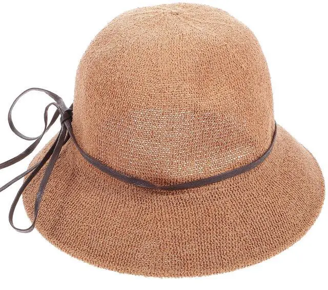 Main image of Bowknot Knit Bucket Hat Womens Fisherman Sun Protection Hat Cotton Linen Blend Khaki Outdoor Casual Wear