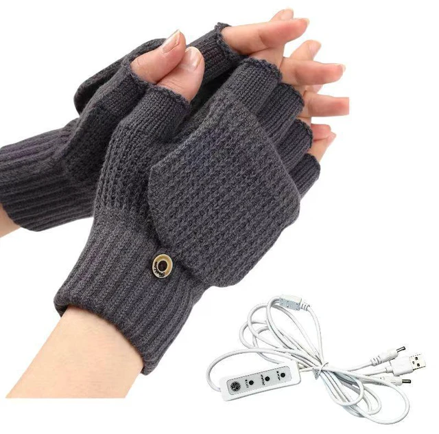 Main image of USB 5V Knitted Heated Gloves, Half Finger Flip Design with Double Sided Heating for Men Women, USB Powered Hand Warmers for Office Computer Use in Winter