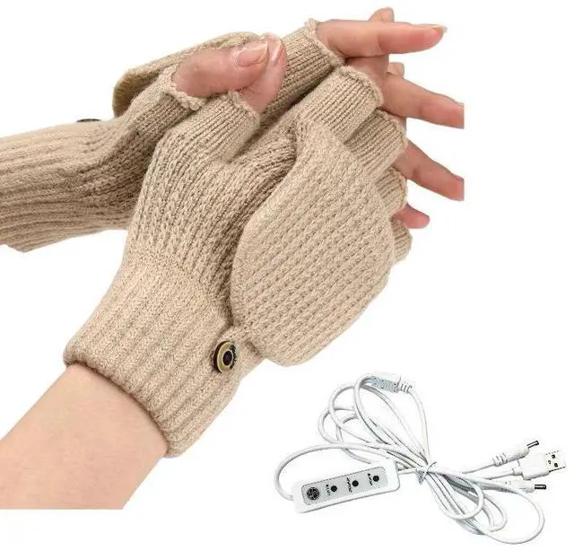 Main image of USB 5V Knitted Heated Gloves, Half Finger Flip Design with Double Sided Heating for Men Women, USB Powered Hand Warmers for Office Computer Use in Winter