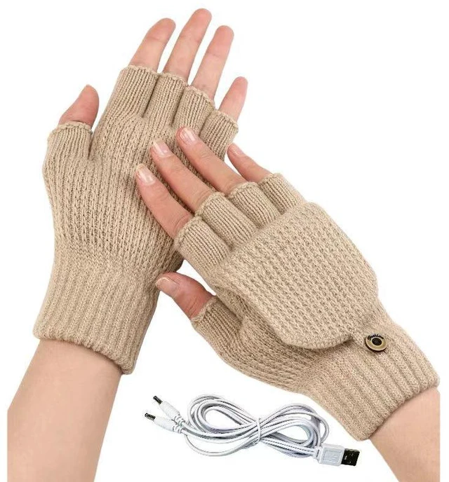 Main image of USB 5V Knitted Heated Gloves, Half Finger Flip Design with Double Sided Heating for Men Women, USB Powered Hand Warmers for Office Computer Use in Winter