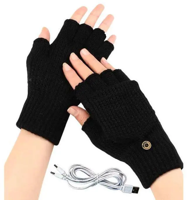Main image of USB 5V Knitted Heated Gloves, Half Finger Flip Design with Double Sided Heating for Men Women, USB Powered Hand Warmers for Office Computer Use in Winter