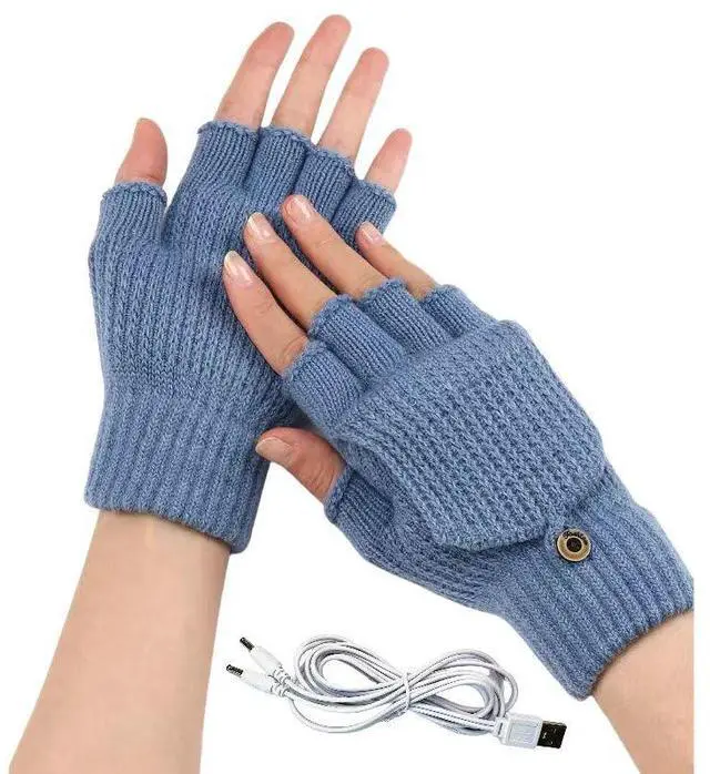 Main image of USB 5V Knitted Heated Gloves, Half Finger Flip Design with Double Sided Heating for Men Women, USB Powered Hand Warmers for Office Computer Use in Winter