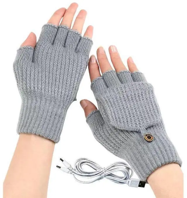 Main image of USB 5V Knitted Heated Gloves, Half Finger Flip Design with Double Sided Heating for Men Women, USB Powered Hand Warmers for Office Computer Use in Winter