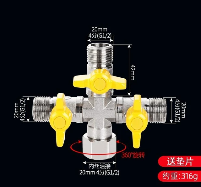 Alt view image 2 of 2 - Garden Hose Splitter, Heavy-Duty Cross Brass 4-Way Distributor, Nickel Plated with Shut-Off Valves, Full Port for Water/Air/Oil, 3.5 X 3.9 in