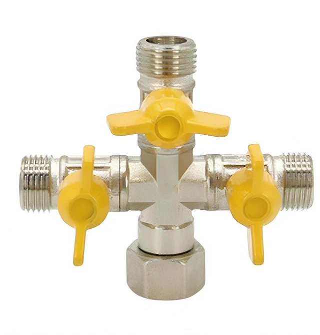 Main image of Garden Hose Splitter, Heavy-Duty Cross Brass 4-Way Distributor, Nickel Plated with Shut-Off Valves, Full Port for Water/Air/Oil, 3.5 X 3.9 in
