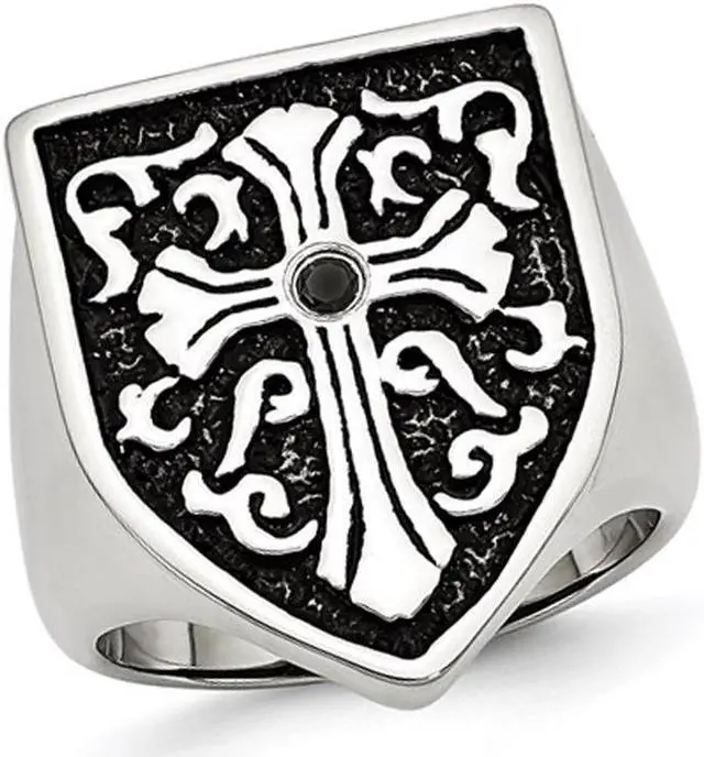 Main image of Men's Cross Antiqued Shield Stainless Steel Ring with Black Diamond