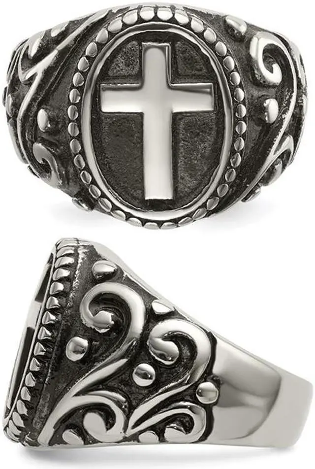 Alt view image 2 of 4 - Men's Antiqued Stainless Steel Ring with Cross