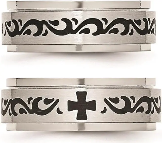 Alt view image 3 of 4 - Ladies Stainless Steel 8mm Wedding Band with Black Swirl Design