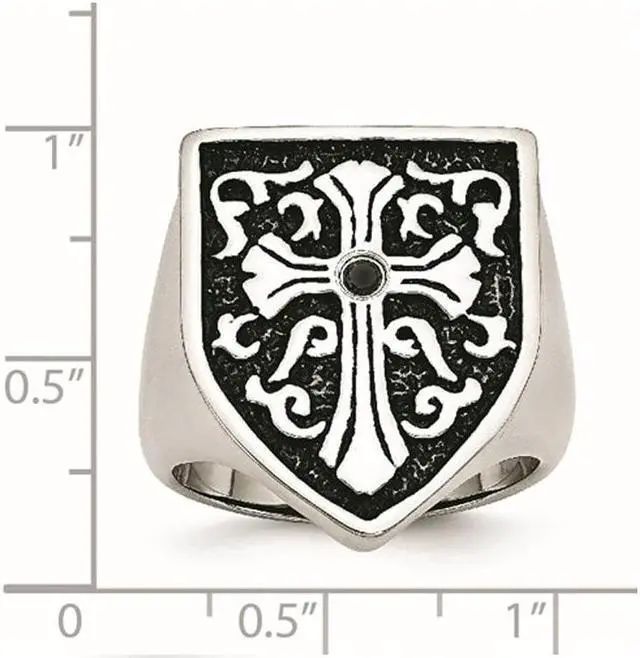 Alt view image 3 of 4 - Men's Cross Antiqued Shield Stainless Steel Ring with Black Diamond