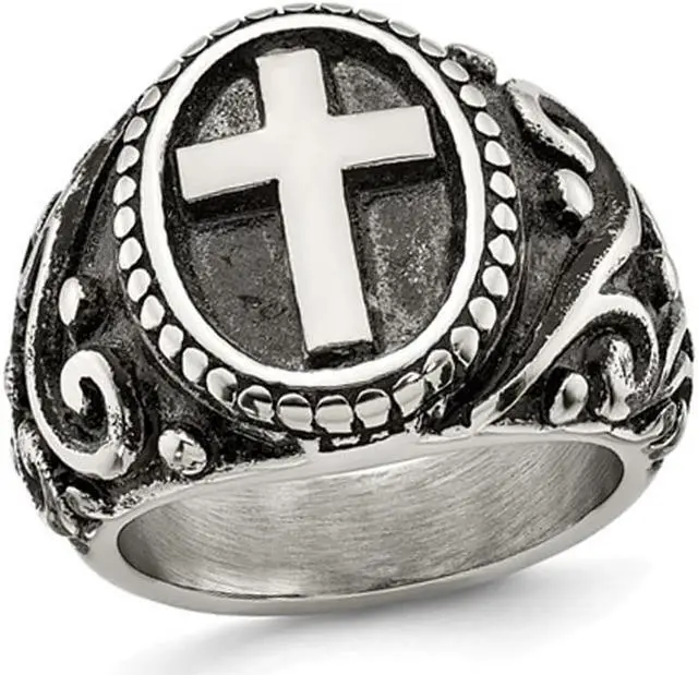 Main image of Men's Antiqued Stainless Steel Ring with Cross